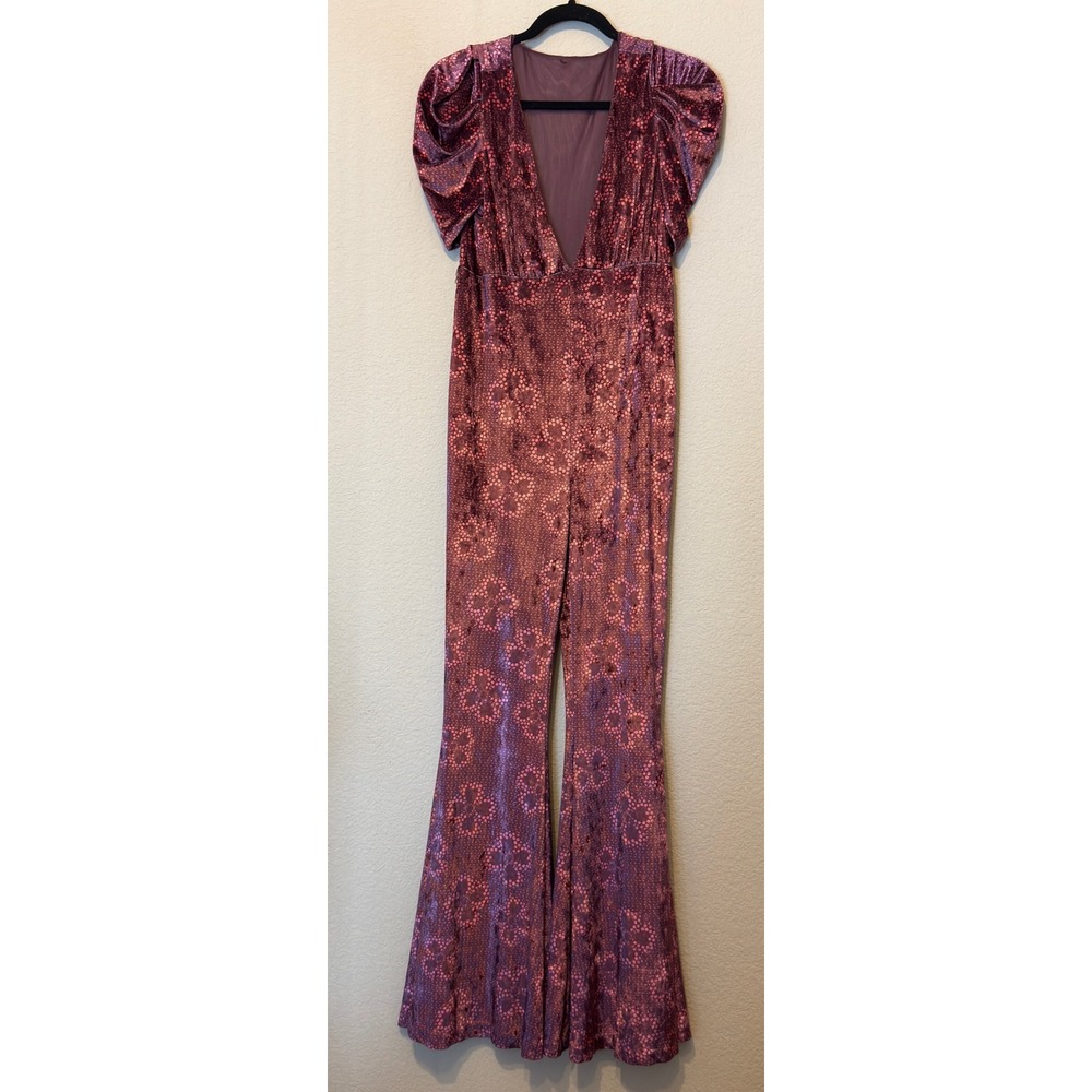 Free People Rosaline Velvet Jumpsuit Plum Floral Puff Sleeve Wide Leg Flare Sz S